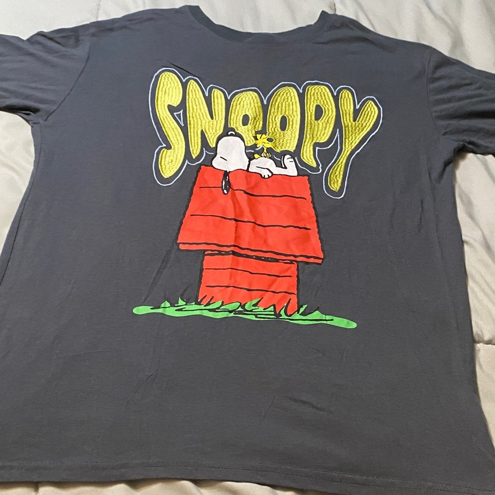 Peanuts Short Sleeve Tee with Snoopy & Woodstock — Charcoal, Red, Yellow, Green